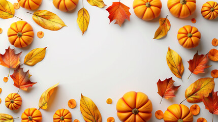 Autumn frame made of pumpkins and fall leaves isolated on white background