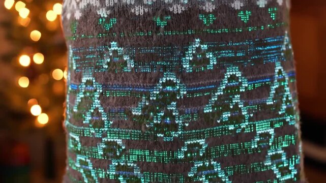 Close-up slow scroll down the texture of a christmas sweater with a glowing digital code jacquard pattern against a blurred cozy background concept of techno-nostalgia and data-driven tradition
