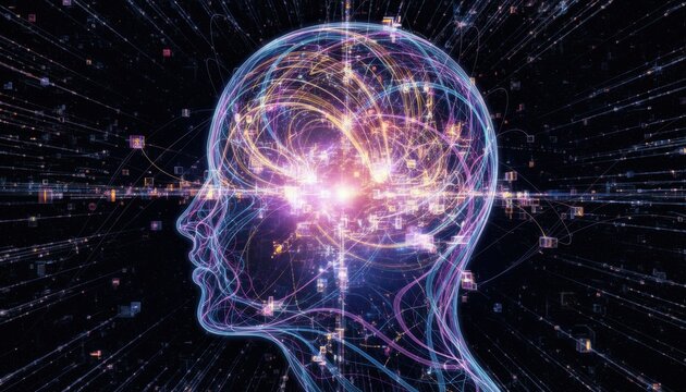 Glowing digital human head silhouette visualizing artificial intelligence neural network and data flow across a futuristic cyberspace universe
