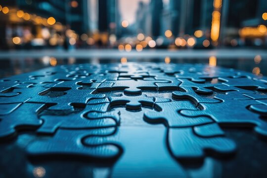 A detailed low-angle shot of numerous blue puzzle pieces partially covered in water, reflecting blurred urban lights in the background, symbolizing complexity and solutions. - Powered by Adobe
