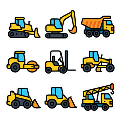 Colorful construction vehicle icons set: bulldozer, excavator, dump truck, forklift, crane.