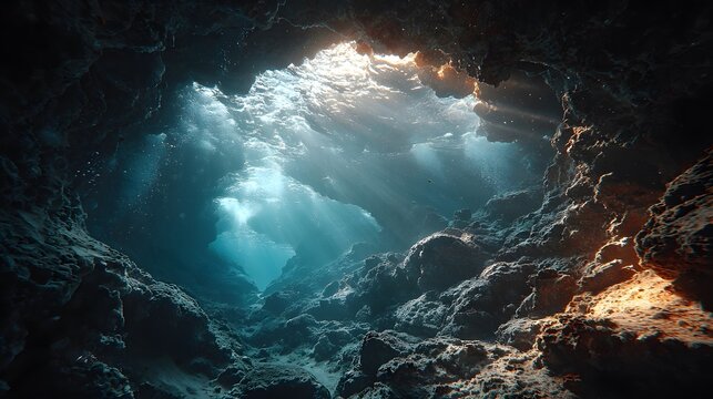 Deep underwater cave looks up towards the water surface with sun rays penetrating blue water and rocky textures in an ethereal atmosphere.