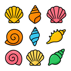 Colorful cartoon sea shells collection with various shapes.