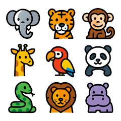 Colorful cartoon animal icons featuring elephant, tiger, monkey, panda, lion.