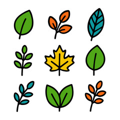 Colorful hand-drawn leaf collection with various shapes and styles.