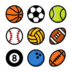 Collection of various sports balls including basketball soccer tennis baseball.