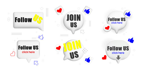 Follow Us and Join Us set, thumbs up and heart icons, designed for social media marketing, call to action banners, promo posts, digital ads, influencer branding, follower engagement, UI design.Vector