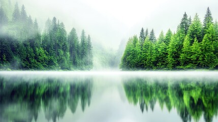 A serene natural landscape with a calm lake reflecting lush green pine trees shrouded in mist and fog during a soft, diffused morning light.