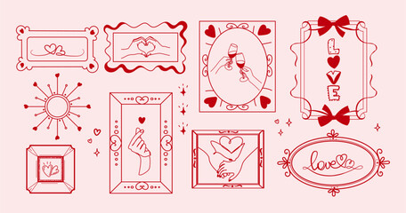 Hand drawn romantic frames and love icons set with hearts, hands, and champagne glasses in for greeting cards, wedding invitations, posters, packaging, stationery, stickers, and social media. Vector