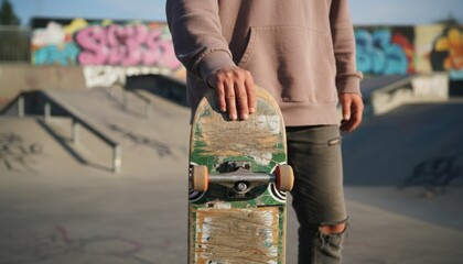 Street skateboarder holding worn maple wood deck from Canada at graffiti skatepark capturing youth culture extreme sport and creative urban lifestyle in late afternoon light