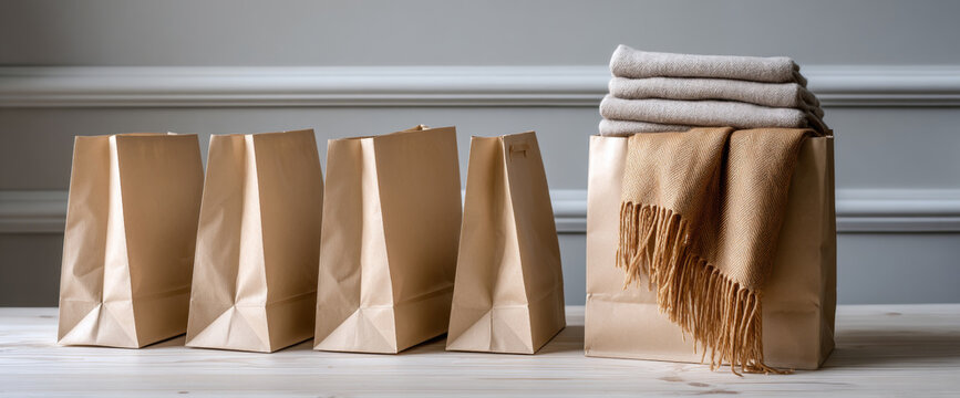 Clothing donations organized in paper bags lined up for distribution - Powered by Adobe