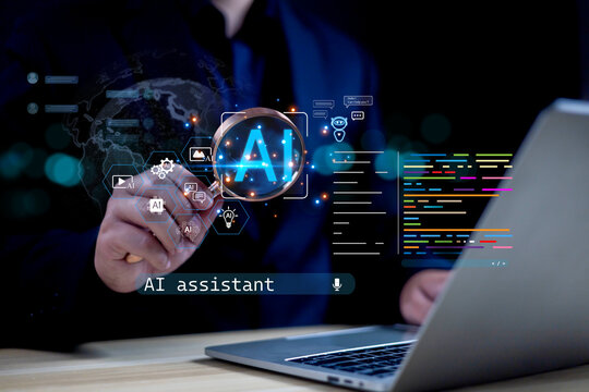 A business professional using AI technology with digital icons, code visualization, and virtual assistance elements represents artificial intelligence, data processing, and modern smart solutions.
