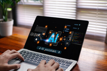 A user working on a laptop with an AI assistant interface, digital icons, code visualization represents artificial intelligence, automation, smart technology, and modern digital productivity tools.