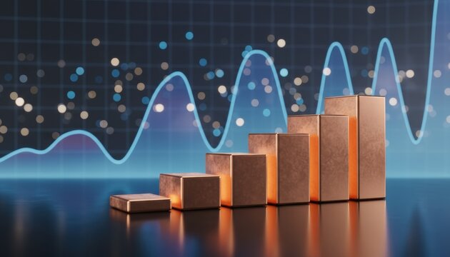 Copper bar chart rises against glowing data graph symbolizing financial growth performance trend and optimistic forecast