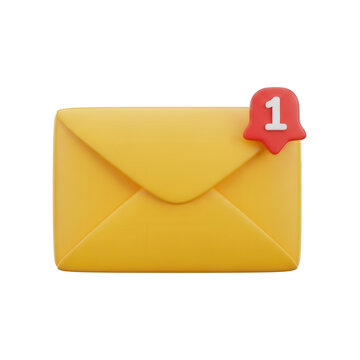 3d render of a yellow mail envelope with a red notification bell icon showing number one