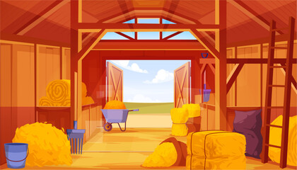 Interior of barn with stack or pile or straws, haystacks and equipments. Vector farm central building with open doors. Wooden cartoon construction for storing hay and stalls for horses © Sensvector