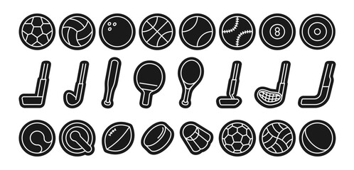 Sport balls and sticks icons set with various game symbols. Vector isolated tennis and basketball, soccer and golf pellets designs. App interface, infographic or fitness logo creation