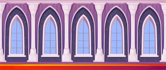 Obraz premium Cartoon castle corridor interior. Vector hall with arched windows and decorative columns. Indoor space with carpet. Fantasy projects and game design. Digital graphics of medieval architecture