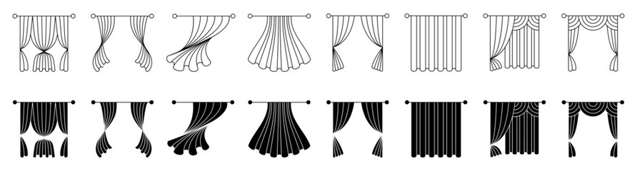 Line art icons of curtains on windows. Vector isolated open, closed and wind blown drapes silhouettes. Coverings and fabric in monochrome style. Interior home and office design elements
