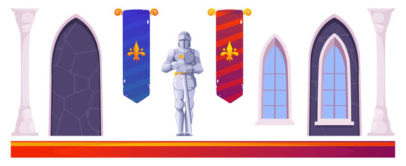 Castle room corridor. Vector cartoon wall section decorated with royal banners, knight statue and arched windows. Strategy games, adventure animations and medieval fantasy artistic projects