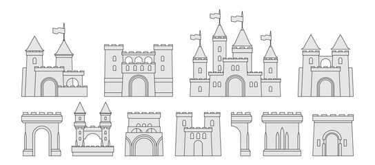Castle icons set in monochrome line style. Vector collection of historical medieval architecture. Arched entrances and walls, bridges and adjacent buildings. Fortresses and turrets with flags