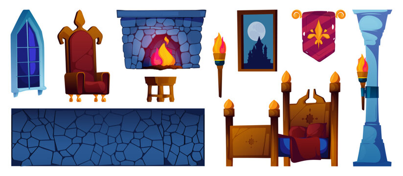 Castle bedroom interior elements. Vector isolated bed and chair, stone wall and arched window, flag and banner, column and torches. Fantasy games and animated scenes, platformer levels items