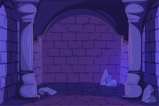 Eerie stone dungeon interior with scattered rocks and heavy block walls. Vector cartoon medieval indoors pace with columns. Moody background for games, animated fantasy worlds or storytelling