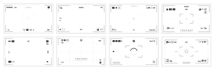 Camera screens mockups. Vector viewfinder arrangements. Center focus markers, grid overlays and framing boxes. Interface prototyping, photography UI demonstrations or digital simulation environments
