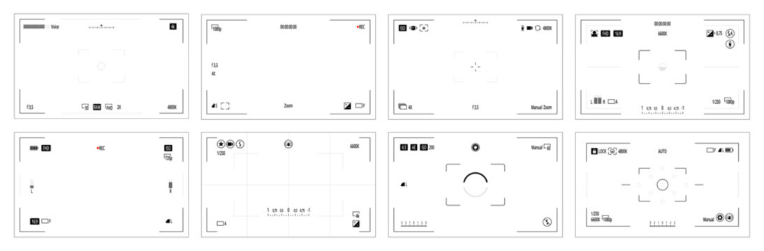 Camera screens mockups. Vector viewfinder arrangements. Center focus markers, grid overlays and framing boxes. Interface prototyping, photography UI demonstrations or digital simulation environments