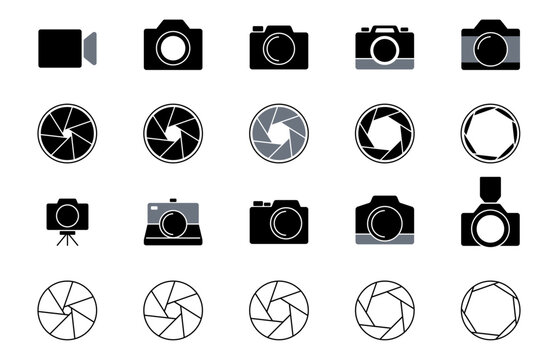 Camera and aperture symbols set. Vector cams and lens rings icons in different positions and styles. Solid, outline and simplified diaphragm shapes for photography apps. UI mockups and digital design