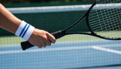 Tennis player hand gripping racket on sunny hard court symbol of summer sport training and healthy active lifestyle