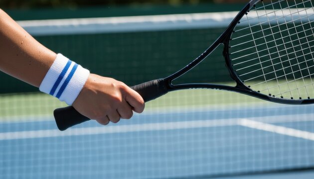 Tennis player hand gripping racket on sunny hard court symbol of summer sport training and healthy active lifestyle
