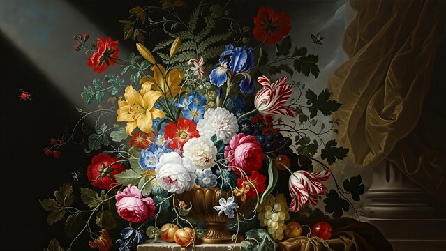Classical Baroque still life painting of a lush and vibrant flower bouquet.