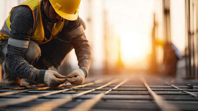 A construction worker kneeling and tying steel reinforcement bars on a building site, wearing a yellow hard hat, reflective safety vest, and protective gloves