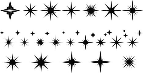 Black starburst icon set, decorative burst shapes, abstract spark symbols, symmetrical sunburst graphics, radial design elements, visual accents, minimal motifs