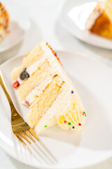 Birthday cake slice with piped frosting detail