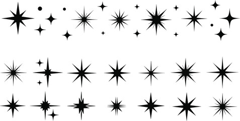 Black starburst icon set, decorative burst shapes, radial graphic elements, abstract spark symbols, design accents, symmetrical sunburst visuals