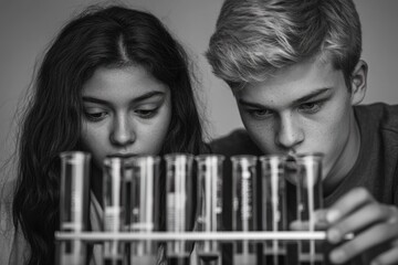 A focused young girl and boy meticulously observe test tubes in a monochrome laboratory, engrossed in a scientific experiment or study.