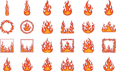 Stylized flame icon grid, fire symbols, heat graphics, burning shapes, red orange flames, energy motifs, danger visuals, digital assets