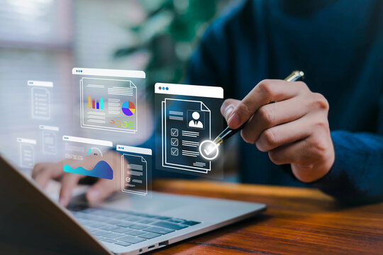 A person using a laptop with digital documents, data analytics charts, online checklists represents modern technology, workflow management, business data processing, and efficient digital productivity