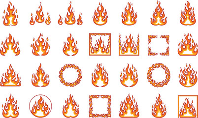 Stylized flame icon grid, fire symbols, heat graphics, burning shapes, red orange flames, game UI elements, digital fire assets