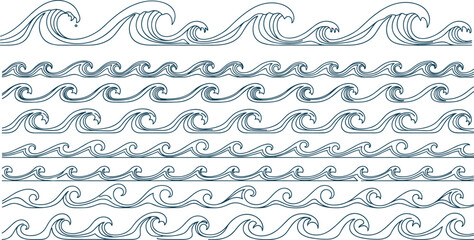 Stylized wave illustration set, ocean line art, minimal wave patterns, sea curves, marine design elements, abstract water graphics, crest forms