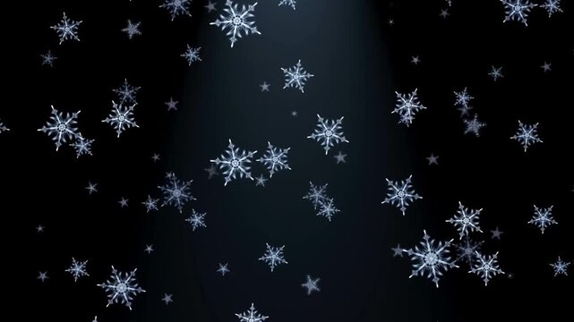 Volumetric light beam with a slow fall of intricate digital fractal snowflakes against a pitch black background concept of perfect ai-generated winter and serene digital magic