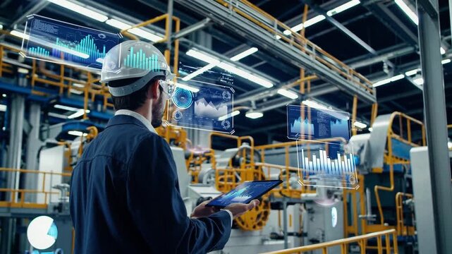 Engineer uses augmented reality in a modern factory setting to analyze production data and optimize processes