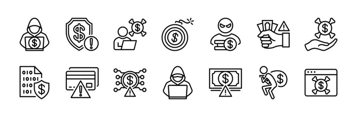 Fraud thin line icon set. Contains hacker, digital data phishing, cyberspace risk, money thief, scam, financial security alert, warning notification, crime, theft, cyber protection vector illustration