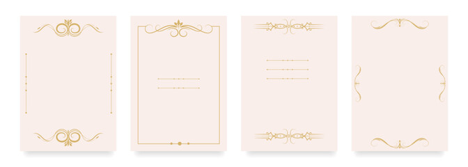 Elegan blank templates with gold decorative frames perfect for wedding invitations, greeting cards, menus, certificates, branding, packaging, event programs, flyers, announcements. Vector illustration