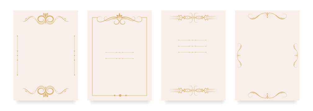 Elegan blank templates with gold decorative frames perfect for wedding invitations, greeting cards, menus, certificates, branding, packaging, event programs, flyers, announcements. Vector illustration