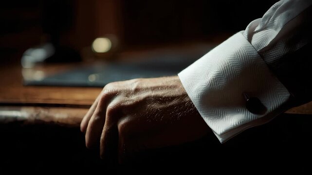 A dramatic close-up focusing intently on a man's well-dressed arm resting on a desk or chair armrest. The key detail is the right shirt cuff, which is significantly frayed and worn