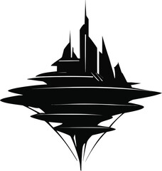 Abstract black silhouette of a futuristic city built upon layered shapes