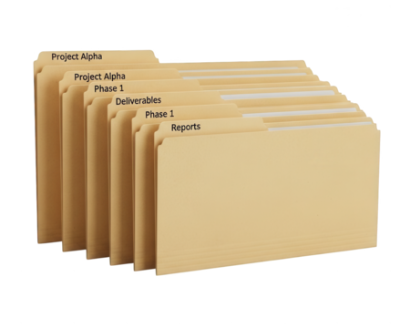 Stack of manila file folders with labeled tabs arranged in descending order